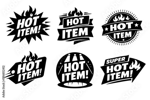 Set of promotional marketing badges and labels with hot item flames, stars and ribbons for sales, discounts, best-seller highlights, vector icons