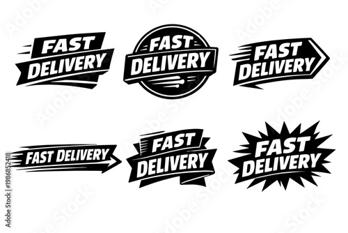 Fast delivery label set featuring various speed badges and express service discount stamp designs for quick shipping