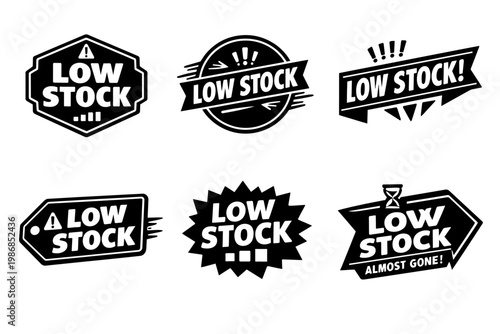 Low stock alert badges set with urgency symbols, promoting limited supply and almost gone status for e-commerce shopping