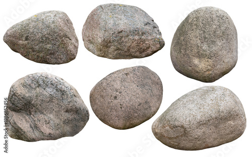 Collection of large boulder stones isolated on transparent PNG white background. .