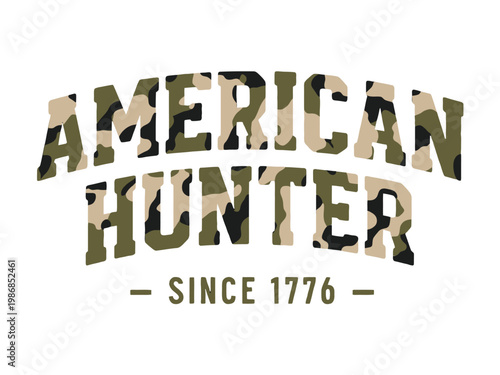 American Hunter text showcases a camouflage fill for patriotic branding.