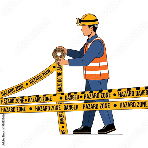 Worker setting up hazard tape, safety caution, danger zone warning, construction, security