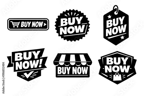 Collection of buy now shopping buttons and badges for online marketing, e-commerce, and retail promotions