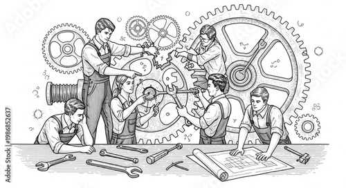 Team of mechanics repairing large industrial gears and machinery.