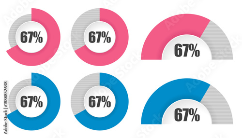 67％の円グラフと半円グラフセット パーセンテージ表示アイコン素材 67 Percent Circle and Semi Circle Chart Set Progress Infographic Elements
