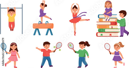 Vector Set of Children, Sports, Gymnastics, Ballet, and Education Icons for Active Kids and Learning Activities