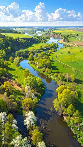 Aerial view of winding river through lush green landscape