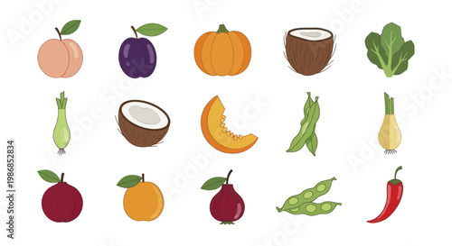 Collection of Fresh Fruits and Vegetables in a Flat Design Style.