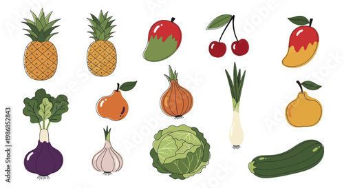 Collection of Fresh Fruits and Vegetables in a Flat Design Style.