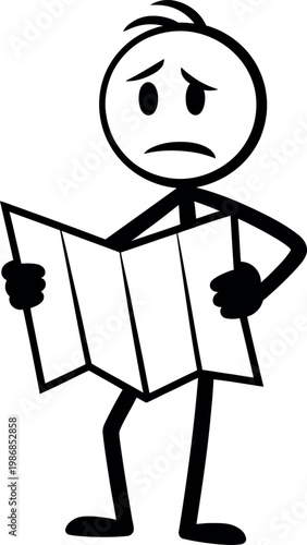 Stick figure man looking confused with a map in hand trying to navigate  lost