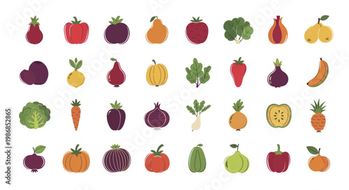 Collection of Fresh Fruits and Vegetables in a Grid Layout.