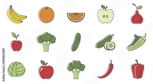 Collection of Fresh Fruits and Vegetables in a Vibrant Assortment.