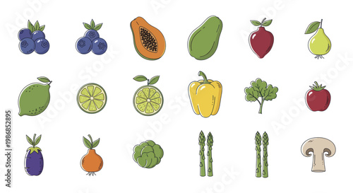 Collection of Fresh Fruits and Vegetables in a Vibrant Assortment.