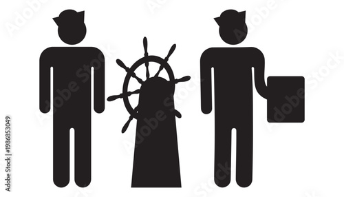 Black silhouette of two sailors with ship wheel and map vector