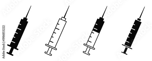 Medical Syringe Injection Icon Set Vector, Vaccination and Healthcare Symbols Isolated on Transparent Background, 
Line and Solid Style for Medical Design
