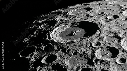 Moon Surface with Large Impact Crater and Rocky Terrain Detailed Lunar Landscape Aerial View in Black and White with Deep Space Background
