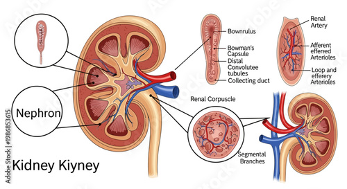 The human kidney anatomy diagram shows a detailed Nephron structure with Renal Corpuscle and its components.