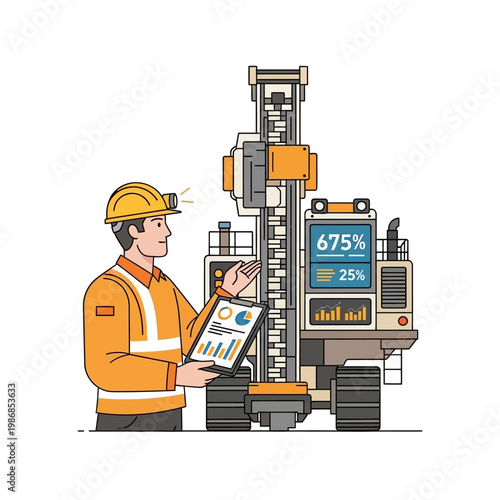 Geologist Inspecting Drilling Rig with Digital Data Analysis on Tablet