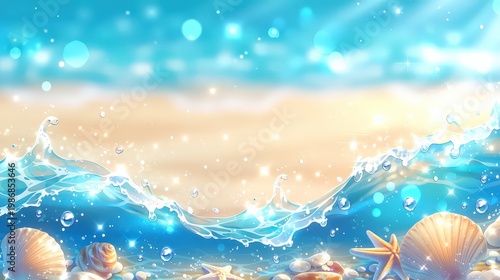 輝く海と砂浜の貝殻