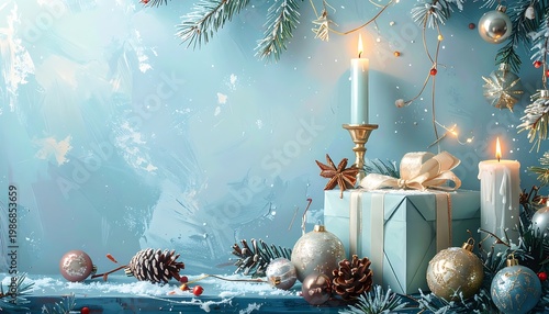 Festive winter scene with gifts, candles, and evergreens against a dreamy blue, frost-like background