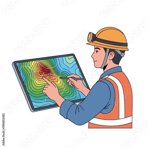 Geologist using tablet with topographical map, planning mining operations