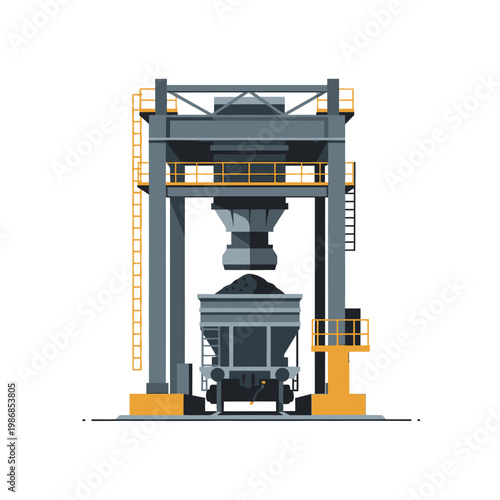 Industrial bulk material loading station with train car, heavy machinery, cargo transport.