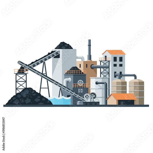 Industrial Coal Processing Plant with Conveyor Belts and Silos