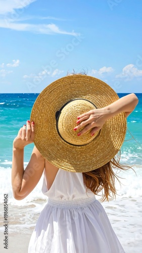 A woman in a white dress holding a straw hat on a beach (1)