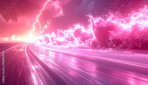 Fast road to a bright light with pink lightning and stormy clouds