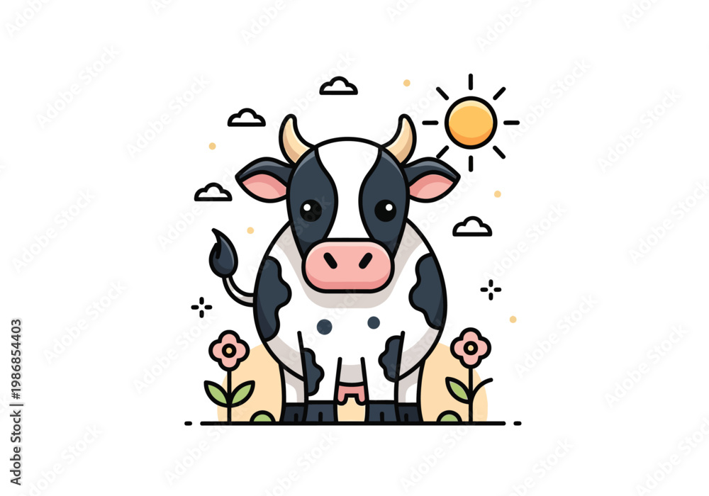 Obraz premium Cute Cartoon Cow Illustration, Flat Vector Spotted Dairy Cattle Character with Sun and Flowers