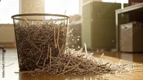 Chaotic Office Desk Corner Crumpled White Paper Balls Spilled Colorful Paperclips Soft Window Light Deadline Aftermath