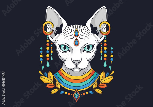 Stylized Sphynx Cat Illustration with Ancient Egyptian Ornaments, Turquoise Eyes, and Jewelry, Mystical Feline Vector Art