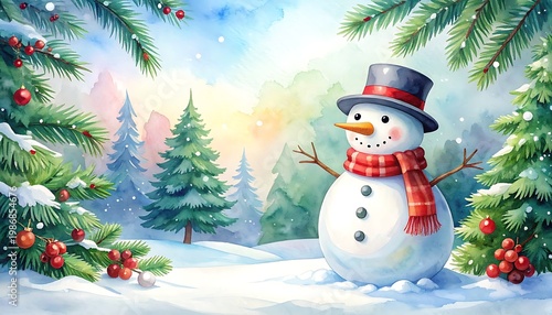 Festive snowman in woods