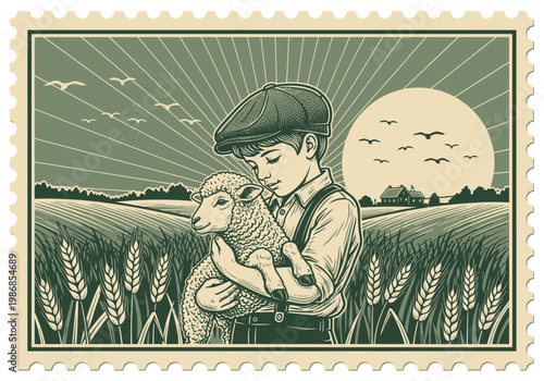 Vintage Postage Stamp Style Illustration of a Boy Holding a Lamb in a Wheat Field at Sunset, Retro Woodcut Countryside Art