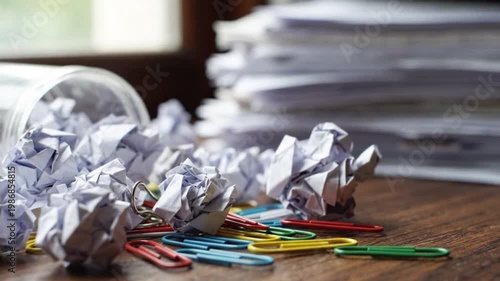 Chaotic Office Desk Corner Crumpled White Paper Balls Spilled Colorful Paperclips Soft Window Light Deadline Aftermath