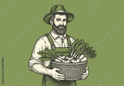 Vintage Engraving Illustration of a Bearded Farmer Holding a Basket of Fresh Organic Vegetables, Retro Agriculture and Harvest Concept