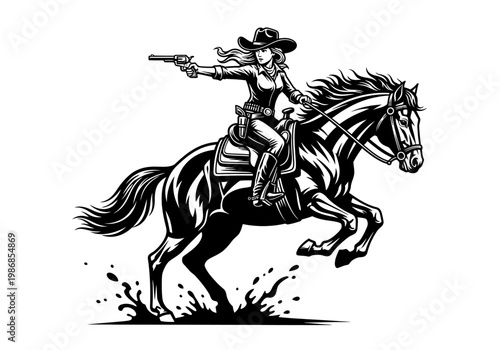 Cowgirl Riding a Galloping Horse and Aiming a Revolver, Wild West Action Vector Illustration
