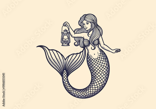 Vintage Nautical Mermaid Holding a Lantern Illustration, Retro Engraving Style Line Art Graphic