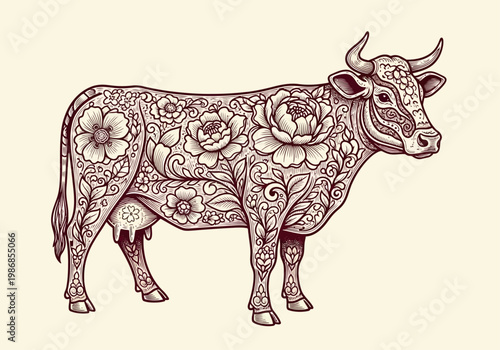 Ornate Cow Illustration with Intricate Floral Patterns, Vintage Folk Art Bovine Design