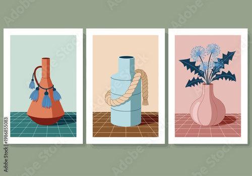 Set of 3 Minimalist Still Life Art Posters Featuring Modern Ceramic Vases, Tassels, and Floral Botanical Elements in Pastel Colors for Gallery Wall Decor