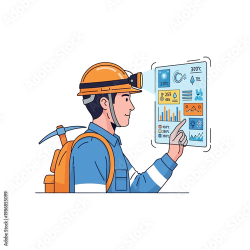 Miner with Hard Hat and Backpack Interacting with Digital Data Screen