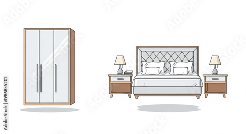 Modern Bedroom Furniture Set With Wardrobe And Bedside Tables.