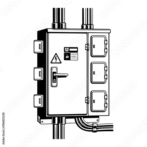 Electrical control panel and circuit breaker box with metal pipes in industrial line art style