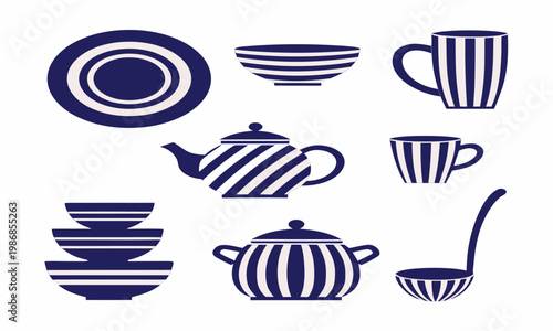 A collection of blue and white striped ceramic tableware is displayed including plates bowls a teapot and a serving ladle high quality professional detailed modern elegant