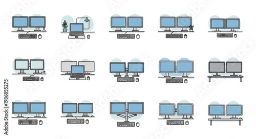Multiple computer setups with dual monitors and keyboards.