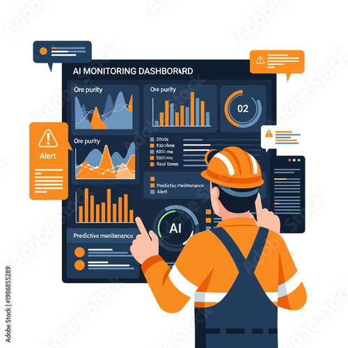 Mining engineer analyzing AI monitoring dashboard with charts and alerts