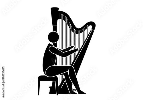 Harpist Playing a Large Concert Harp Minimalist Black Silhouette Vector Icon