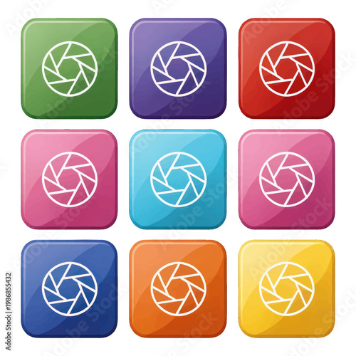 Set of Colorful Camera Shutter Icons for App and Web Design, Flat Vector Illustration