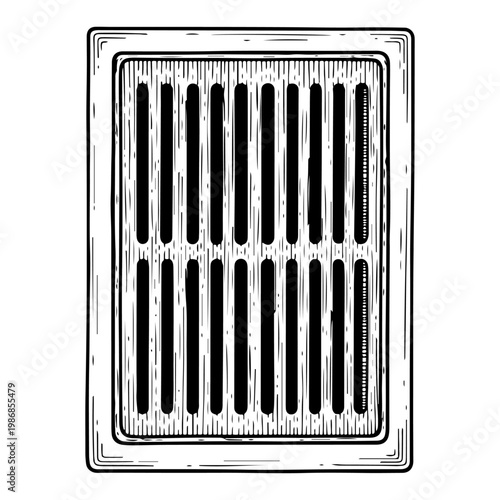 Metal floor vent grate with vertical slots in hand drawn engraving style