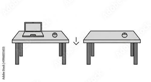 Desk with laptop and mouse before and after cleaning.
